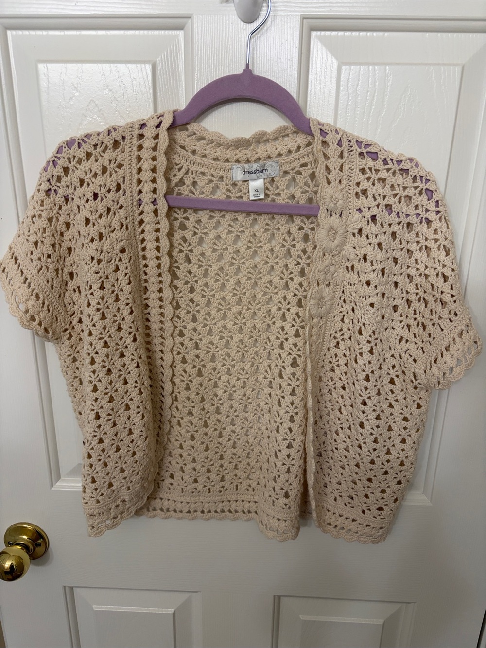 dressbarn Cream Crochet Short-Sleeve Openwork Cardigan